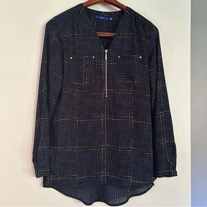 Apt. 9 Blue and Black Patterned Blouse Semi Sheer Roll tab sleeves Size XS